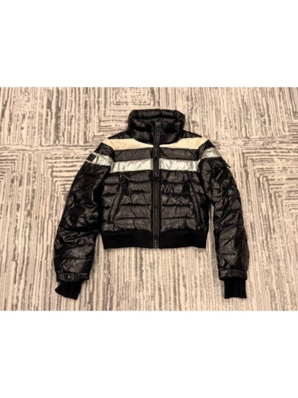 SAM girls size 10 Starburst Glossy Black Down Bomber puffer coat MSRP $395.00